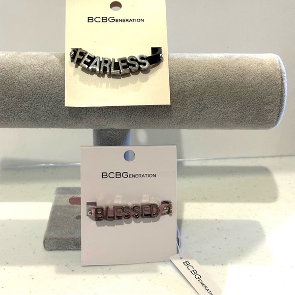 NWT Set of 2 BCBGeneration Bracelets- “Fearless” and “Blessed” silver on leather - Picture 2 of 10